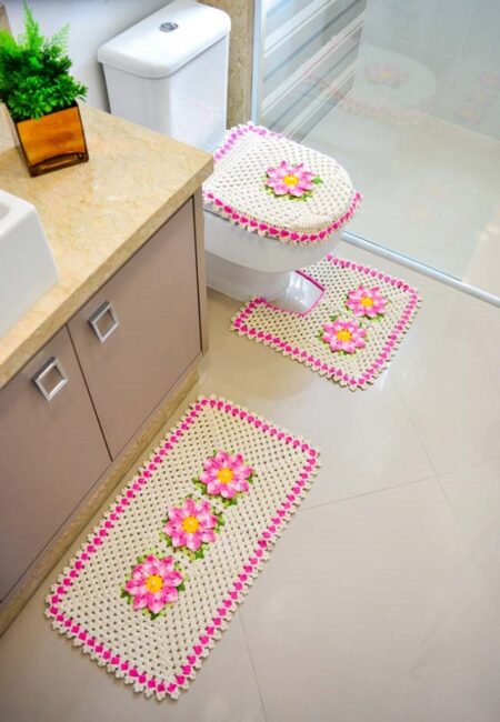 Jogo de banheiro Modelo Girassol de crochê 5 peças no Shoptime