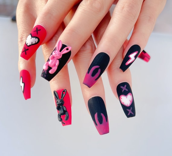 Black and Pink Decorated Nails