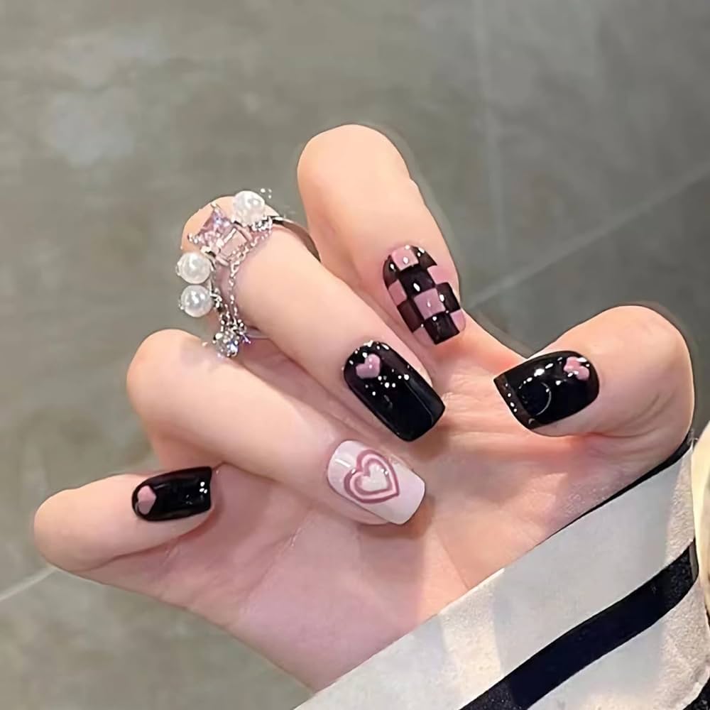 Black and Pink Decorated Nails