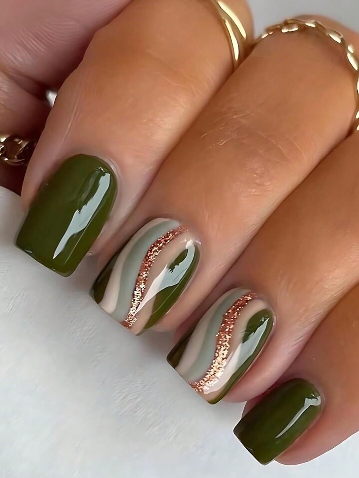 Military Green Decorated Nail