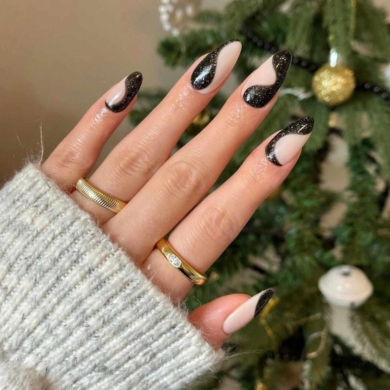 Black With Gold Decorated Nails