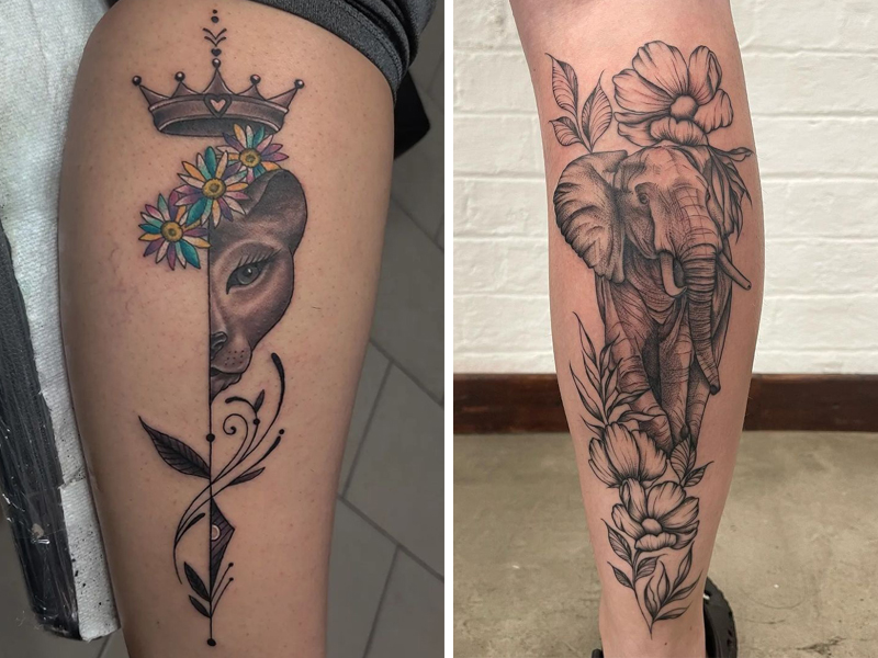 female calf tattoo