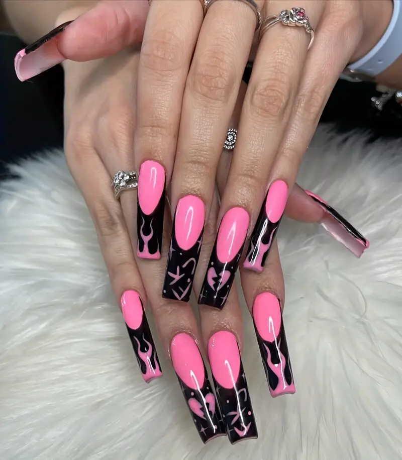 Black and Pink Decorated Nails