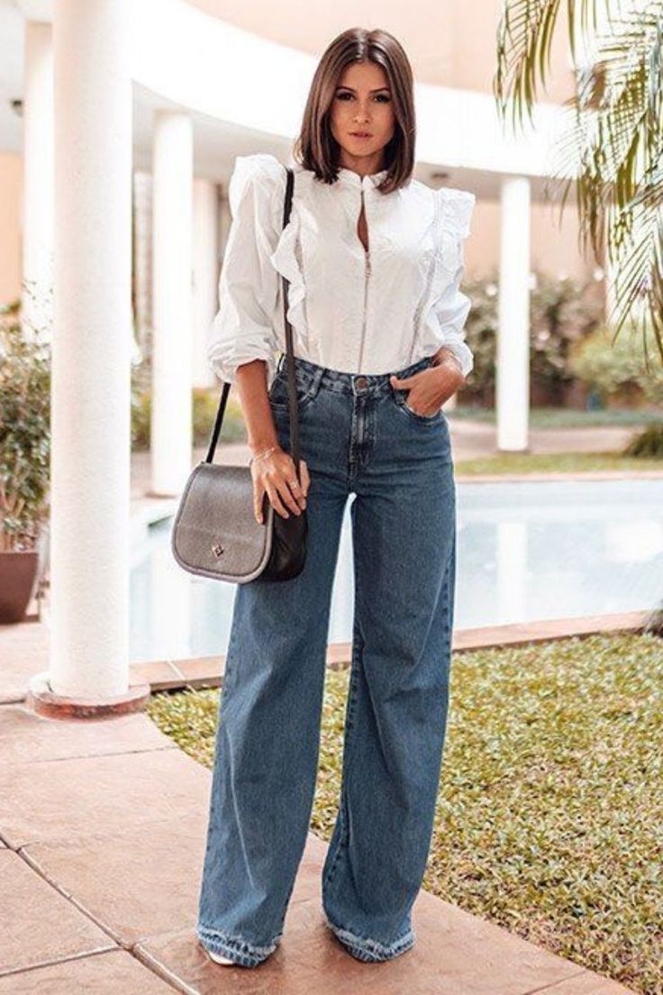 look com calça jeans wide leg