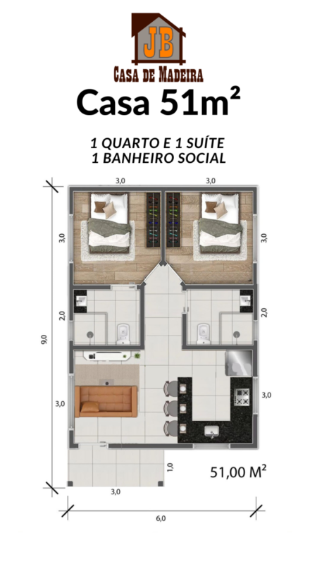 planta de casa com 1 quarto