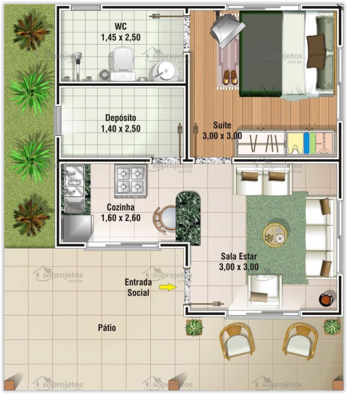 planta de casa com 1 quarto