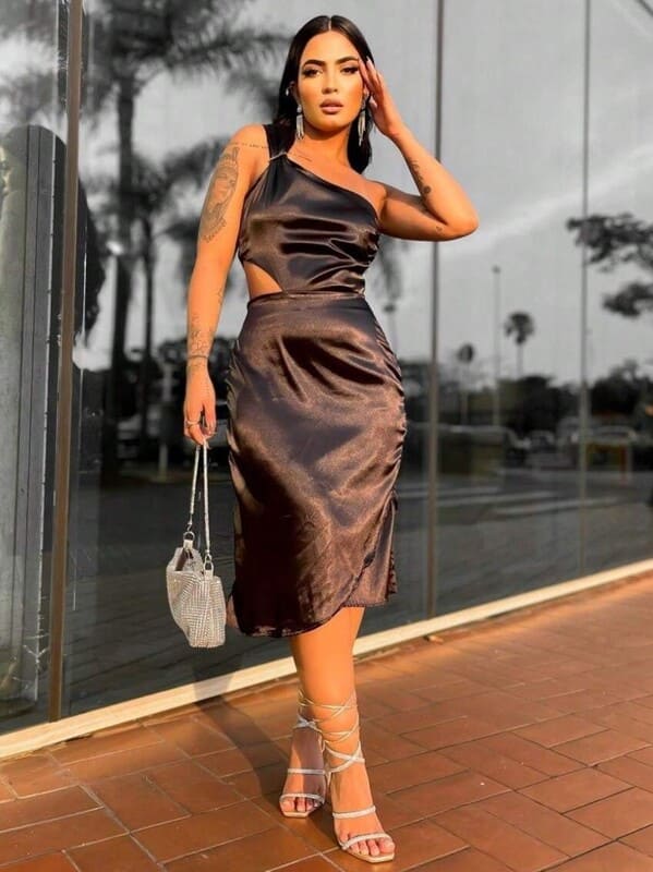 Vestido Tubinho de Festa Midi de Cetim ...