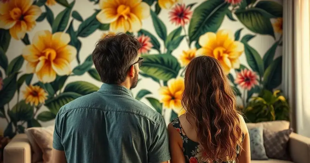 decorar sala com papel parede floral grande