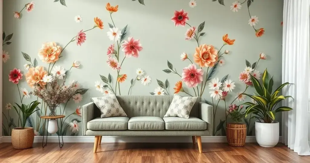 decorar sala com papel parede floral pequeno