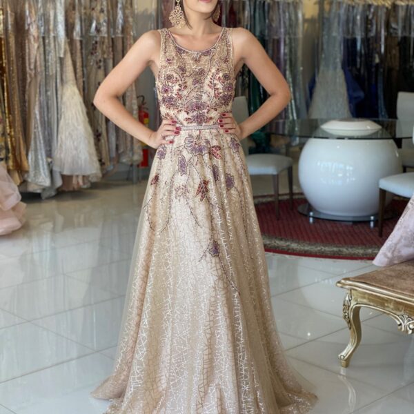 VESTIDO DE FESTA EVASÊ DOURADO SAIA ...