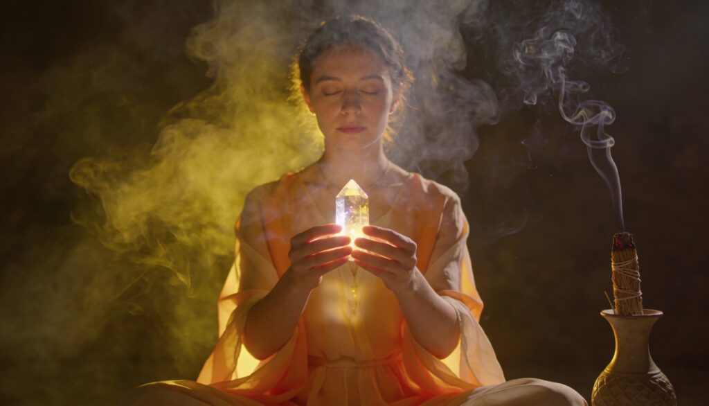 Mulher com vestido laranja segurando um cristal, cercada por fumaça e luz suave.