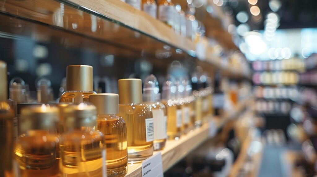 Frascos de perfume dourados alinhados na prateleira de madeira de uma loja, com vitrines desfocadas ao fundo