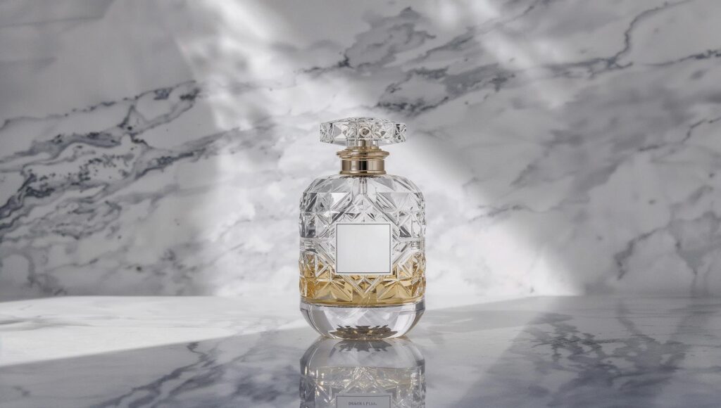 Entenda porque o perfume é caro e como economizar Frasco de cristal de perfume com líquido dourado sobre bancada de mármore iluminada por luz suave